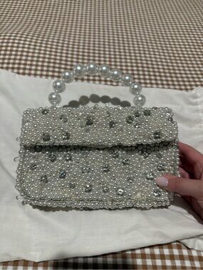 Anthropologie White Pearl-Beaded Mini Top-Handle Clutch